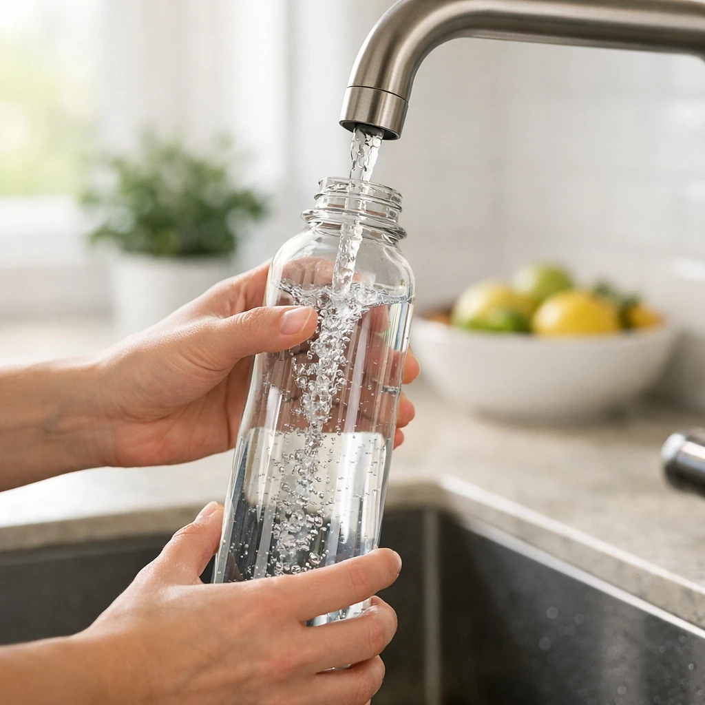 Person filling a reusable glass water bottle with filtered water