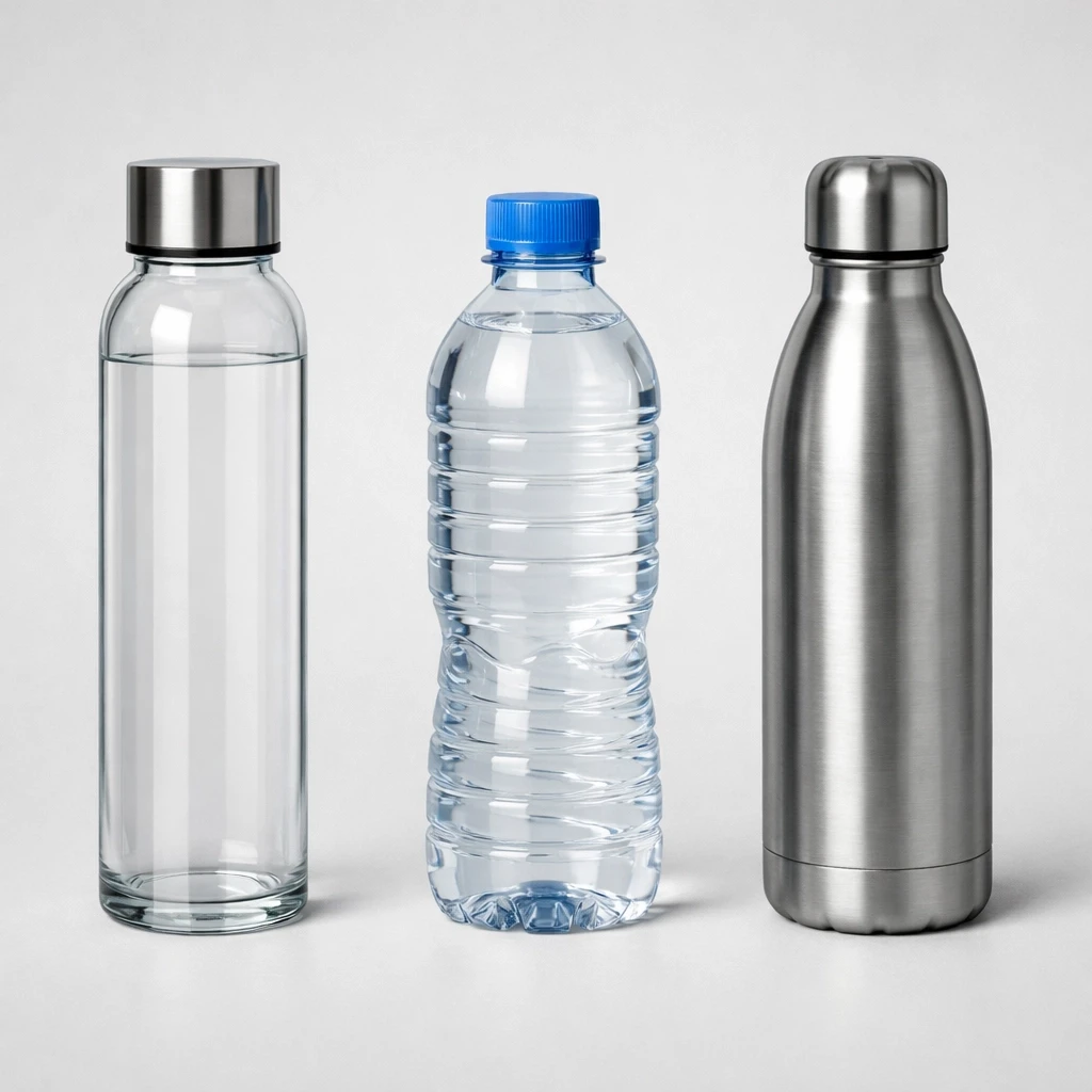 Glass, plastic, and stainless steel water bottles side by side