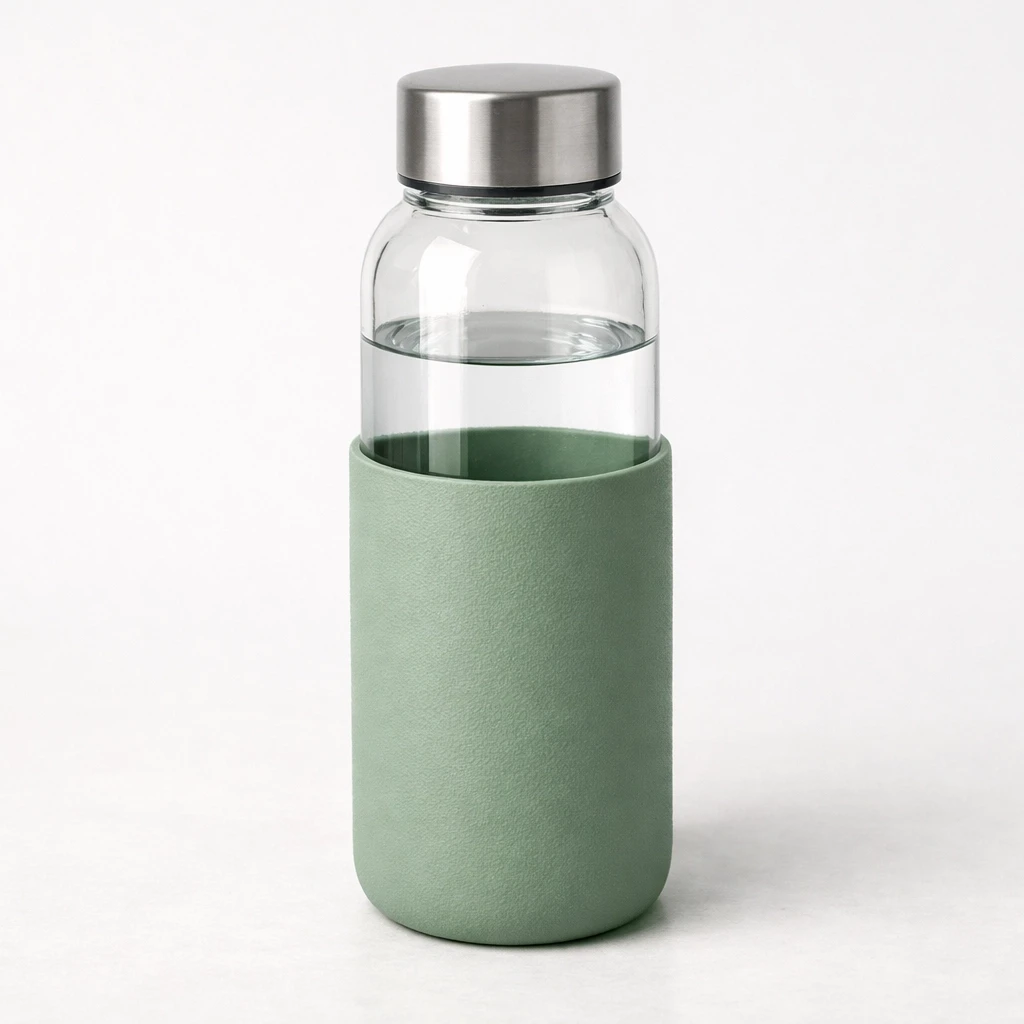 Lead-free glass water bottle with protective sleeve and clean cap design