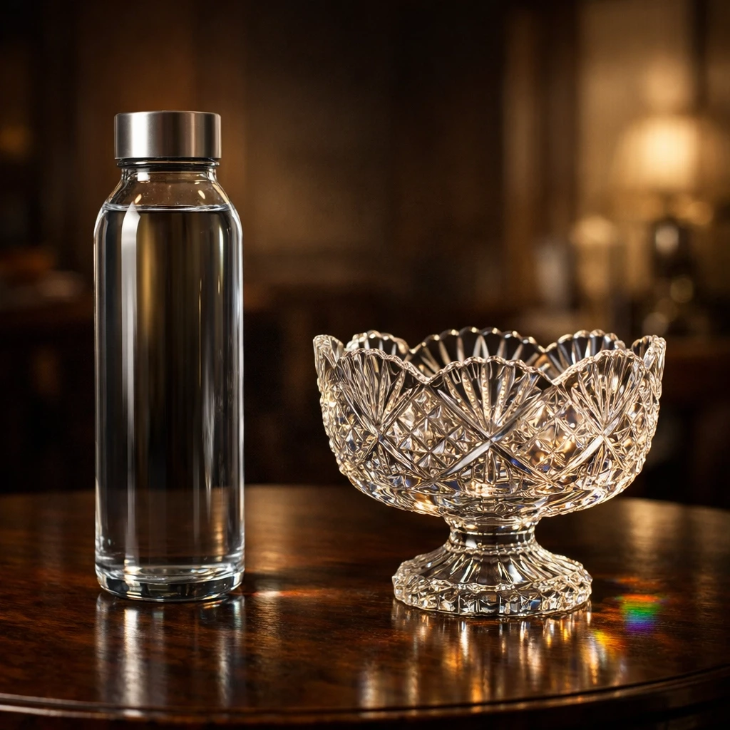 Modern lead-free glass bottle next to vintage crystal glassware