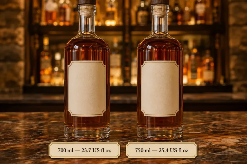 700 ml and 750 ml liquor bottles compared with 23.7 and 25.4 US fluid ounce capacities