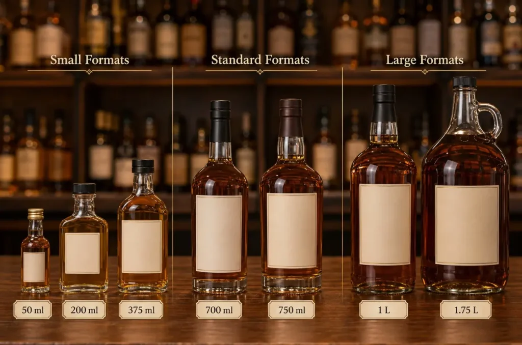 common liquor bottle sizes from 50 ml miniatures to 1.75 L large-format bottles