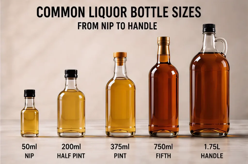 Liquor bottles from 50ml nip to 1.75L handle lined up by size