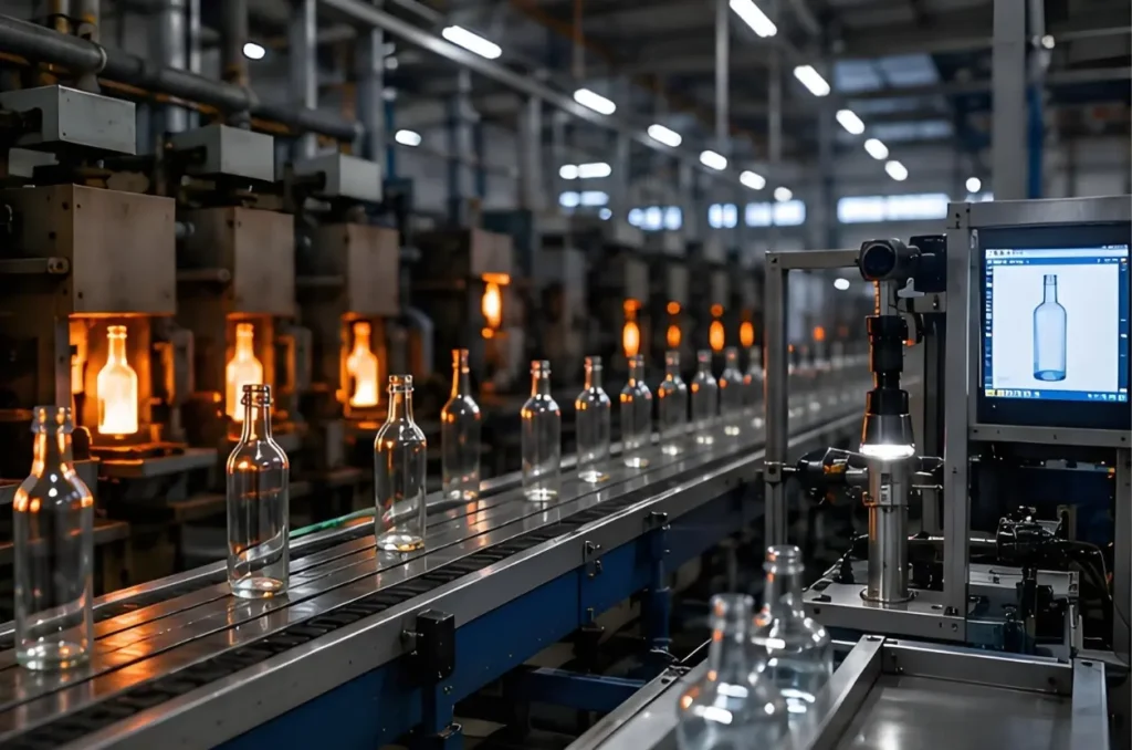 Glass bottle production line in a manufacturing facility with kilns and automated inspection