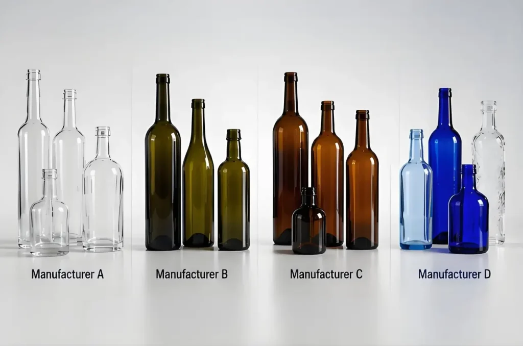 Side-by-side comparison of glass bottles from leading manufacturers for B2B sourcing