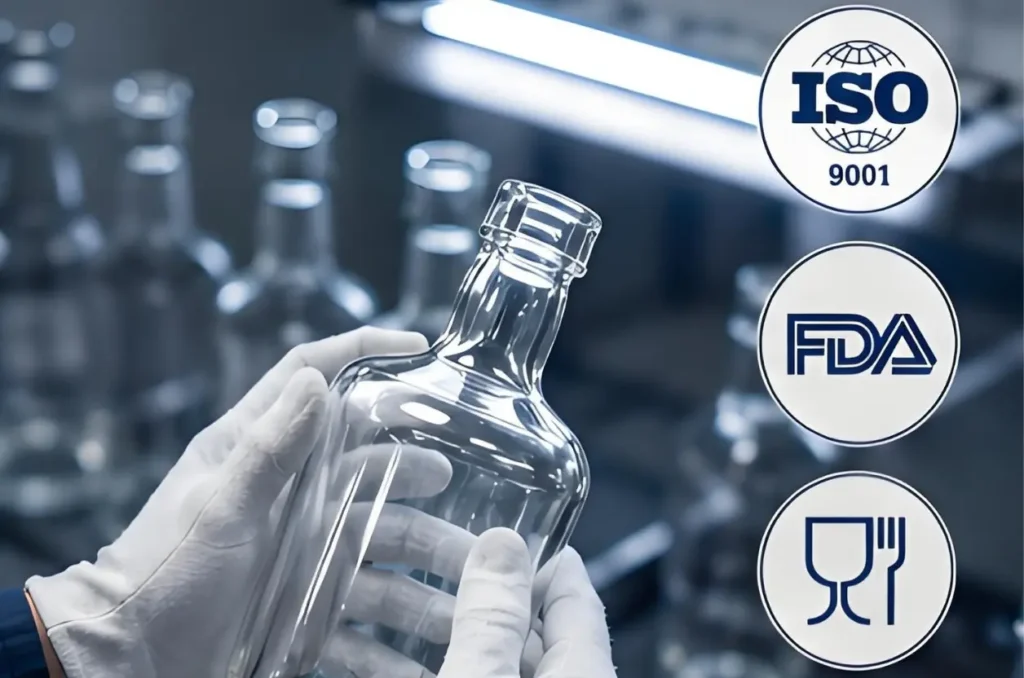 Quality inspection of glass bottles with ISO and FDA certification marks