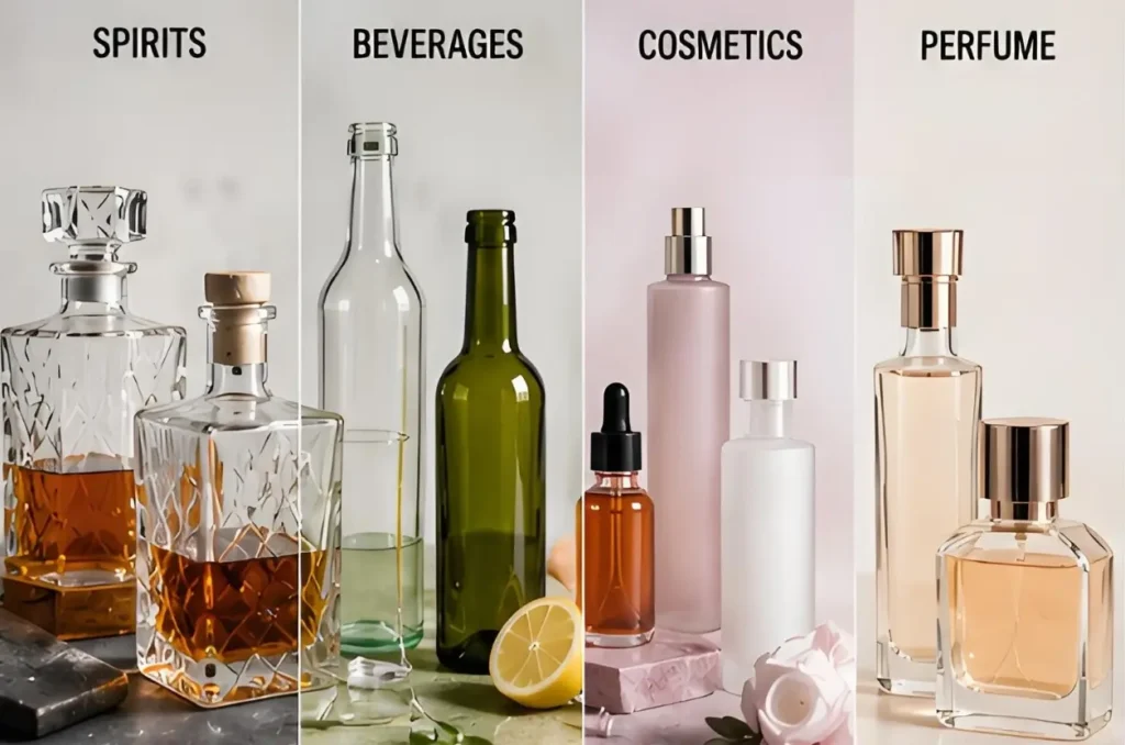 Different glass bottle types for spirits, beverages, cosmetics, and perfume industries