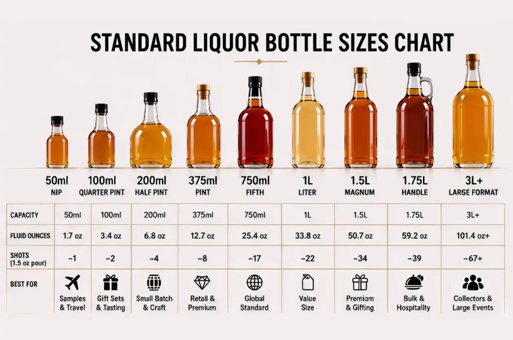 Liquor bottle sizes chart — 50ml nip to 1.75L handle comparison