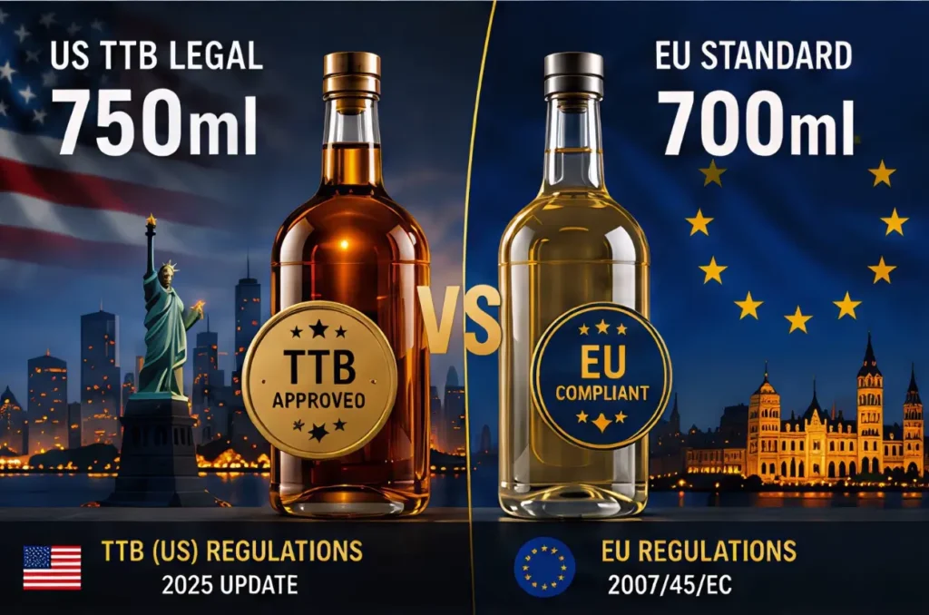 US 750ml vs EU 700ml spirit bottle regulation comparison
