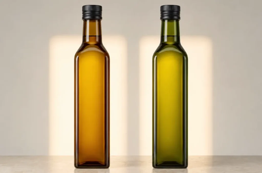 Amber and dark green glass bottles compared for olive oil storage