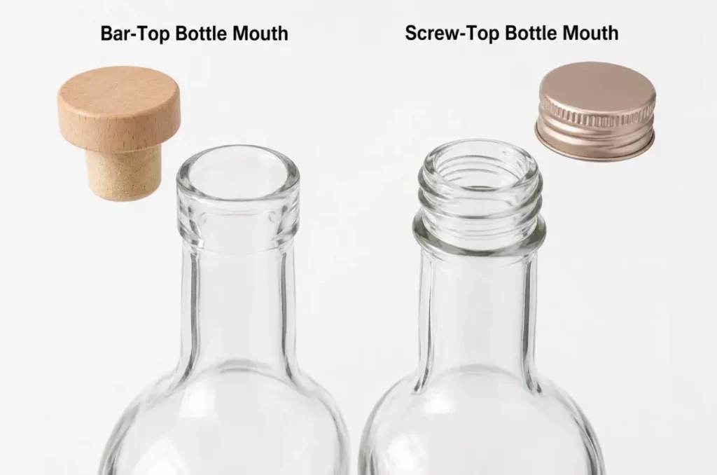 bar top cork bottle mouth compared with screw top bottle neck