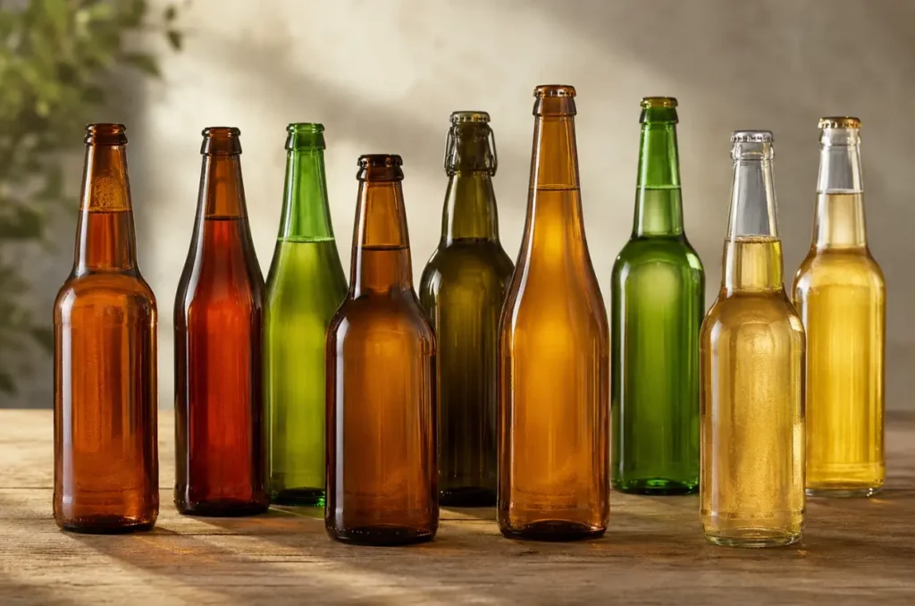 brown green and clear beer bottles showing different brand styles