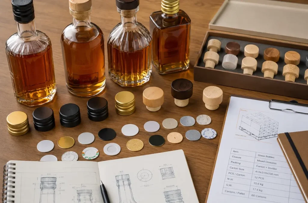 bottle closures project review with liquor bottles caps and technical drawings