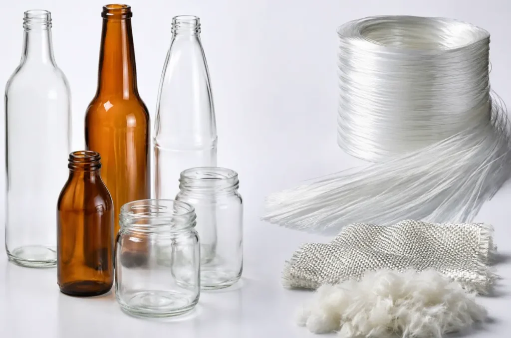 Soda-lime glass bottles compared with glass fiber strands, mat, and glass wool