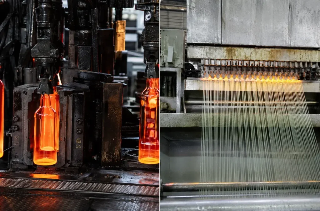 Glass bottle forming process compared with molten glass fiber drawing