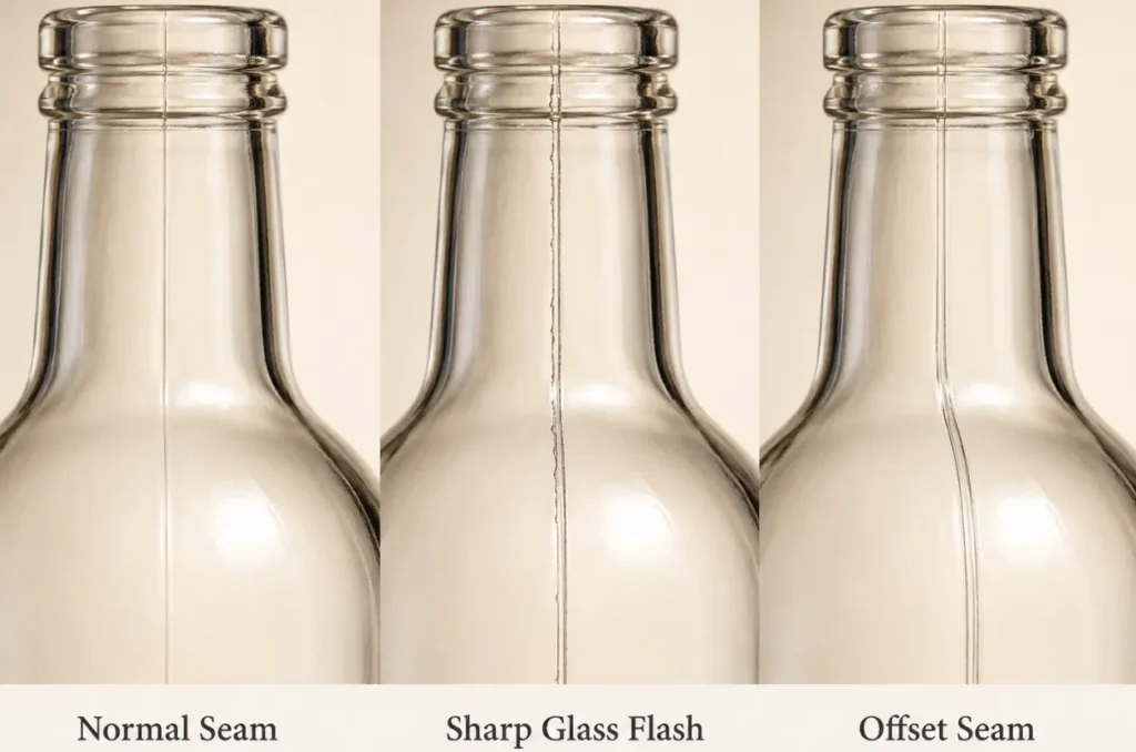 glass bottle seam placement around labels printing and embossed logos