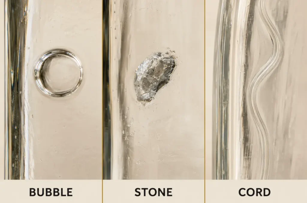 bubbles stones and cords inside a clear glass bottle wall