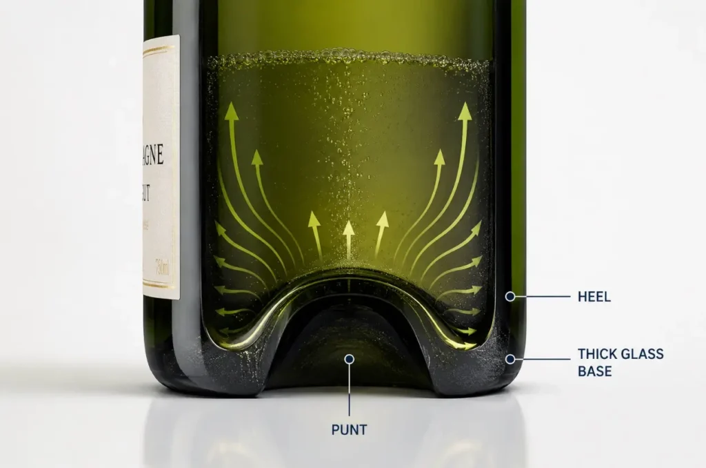 Concave Champagne bottle bottom designed as part of a pressure-resistant glass bottle