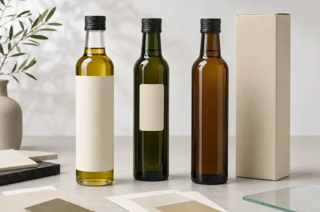 Olive oil bottle samples in clear, dark green, and amber glass