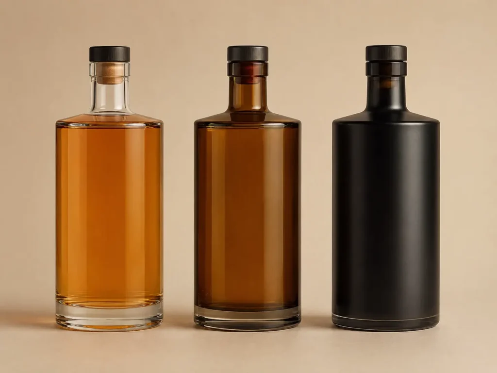 clear amber and dark glass whiskey bottles for different brand positions