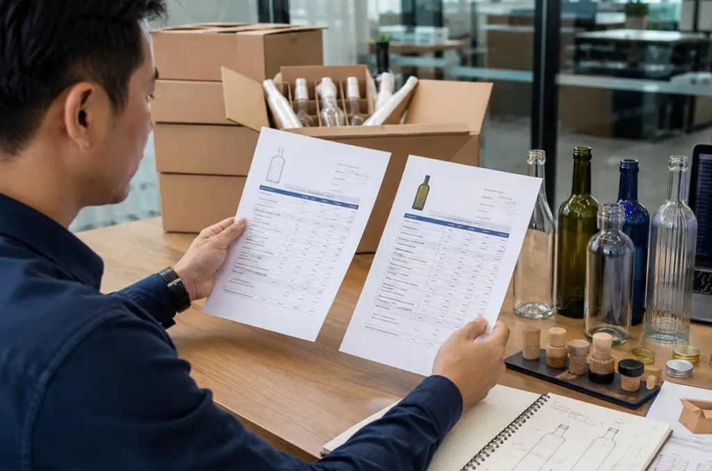 Glass bottle supplier quotations compared by weight, closure, decoration, packing, and trade term