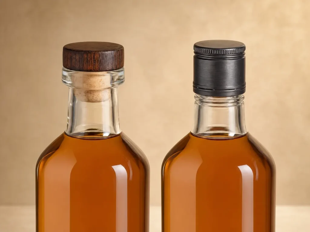 glass whiskey bottles with bar-top cork and screw cap closures