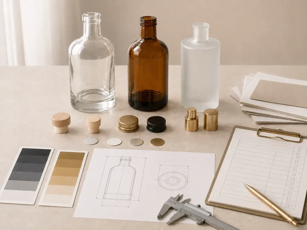 EU glass bottle order review with samples closures drawings and documents