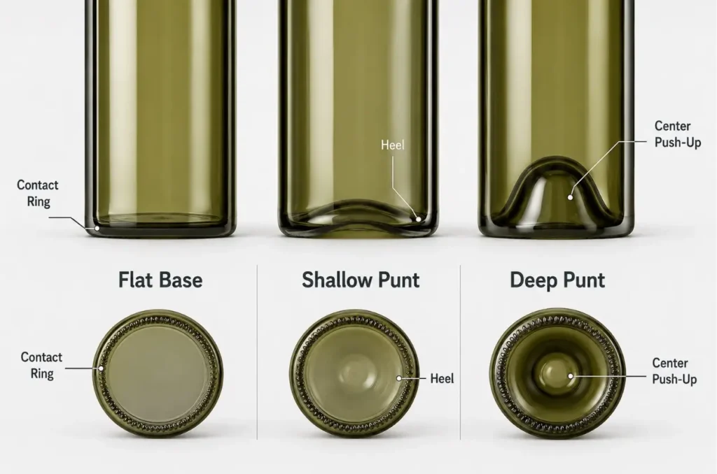Flat glass bottle base compared with shallow and deep concave bottle bottoms