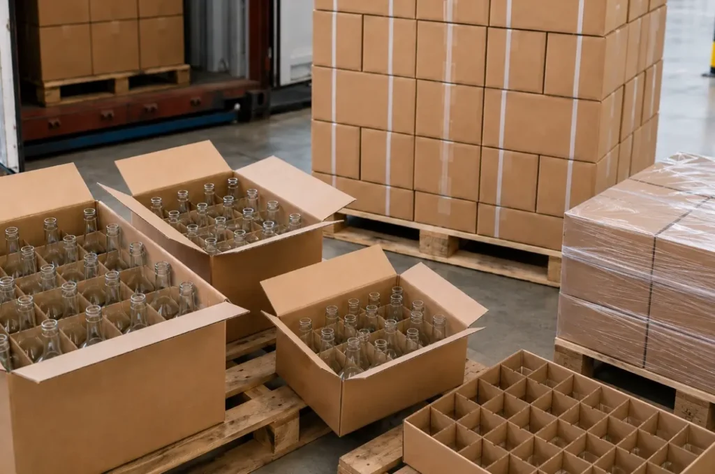 Export cartons, pallets, and container loading affecting glass bottle cost