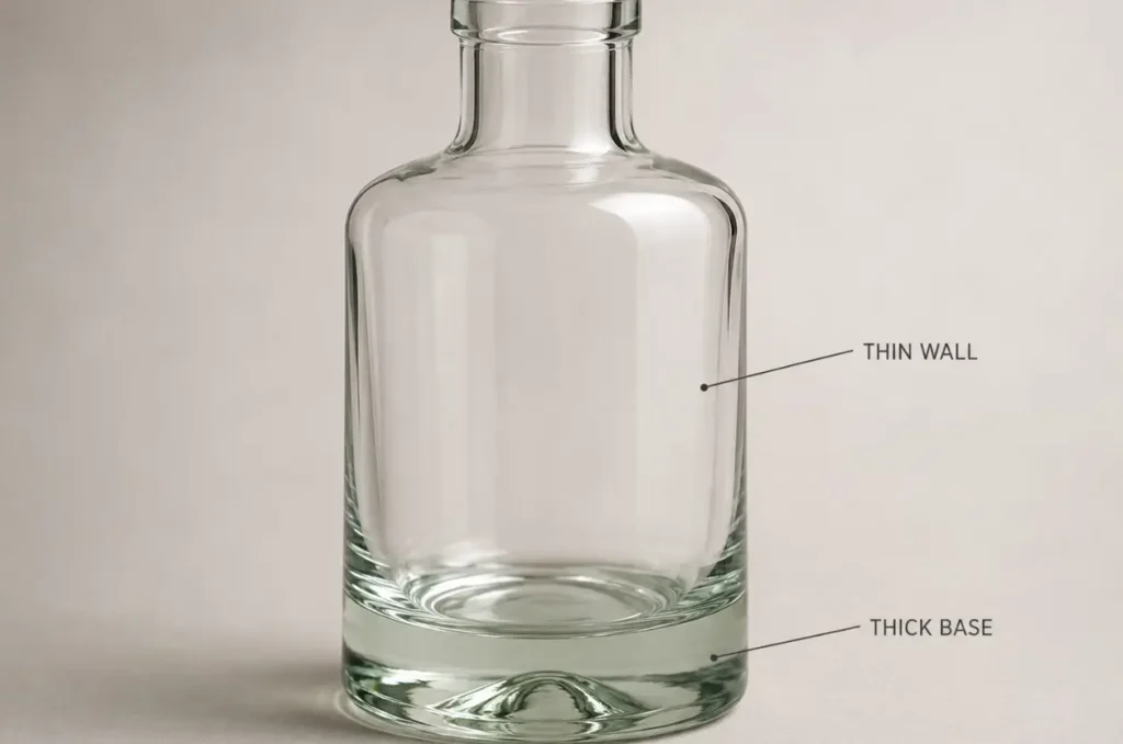 green tint visible in the thick base and edge of a clear glass bottle