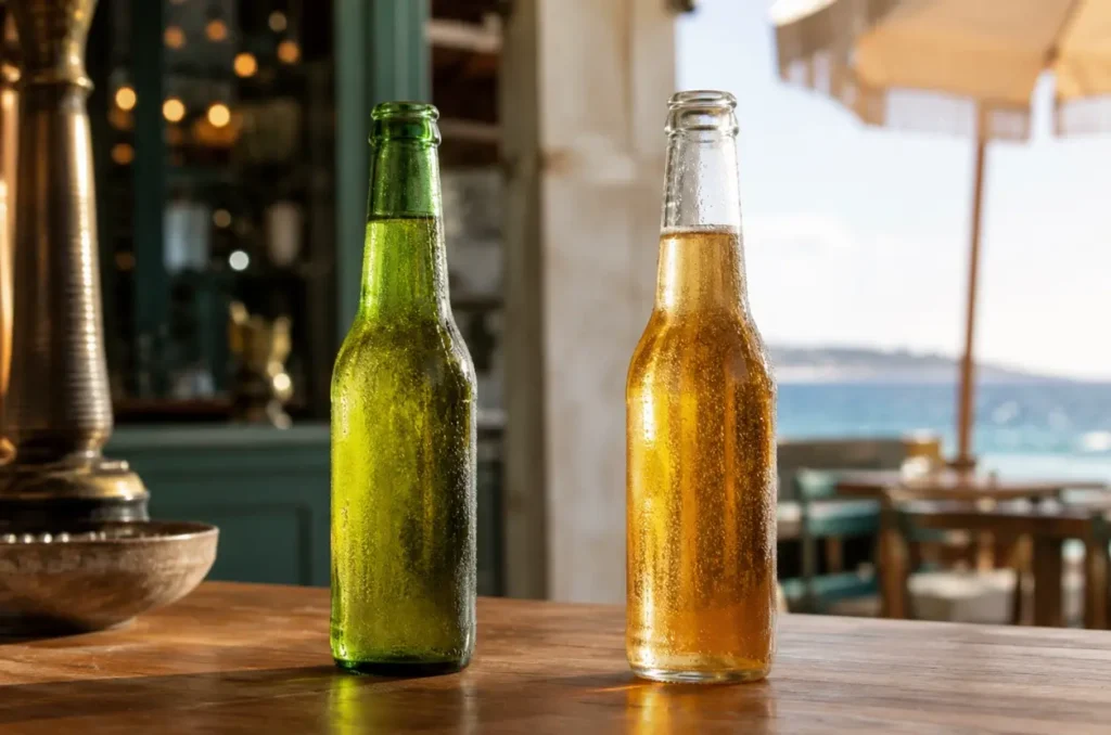 generic green and clear beer bottles inspired by different beer brand identities