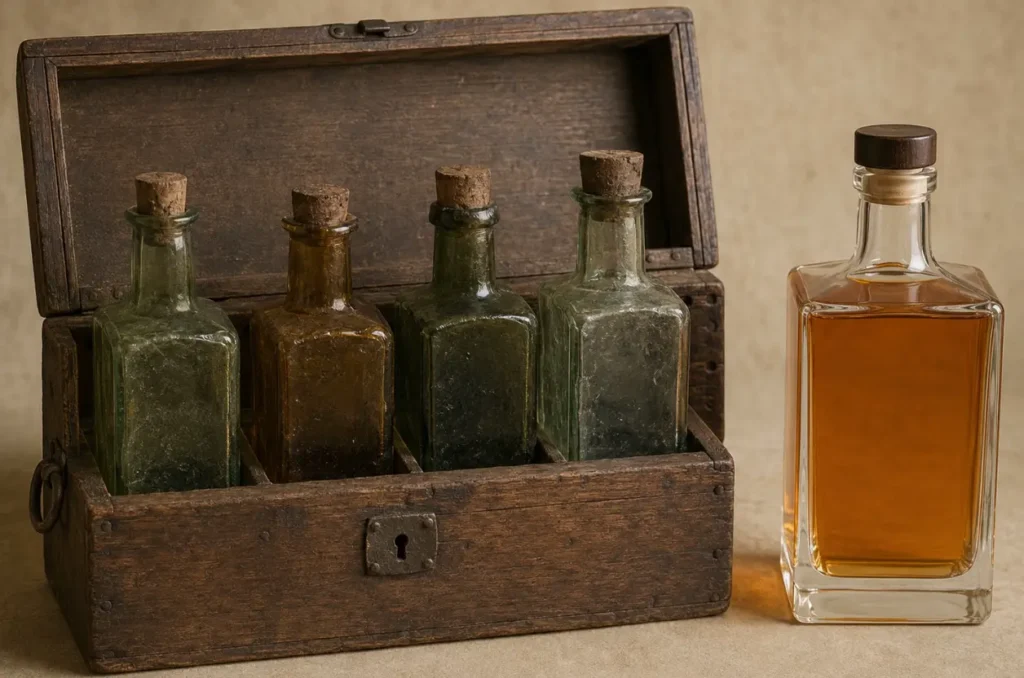 early four-sided case bottles beside a modern square whiskey bottle