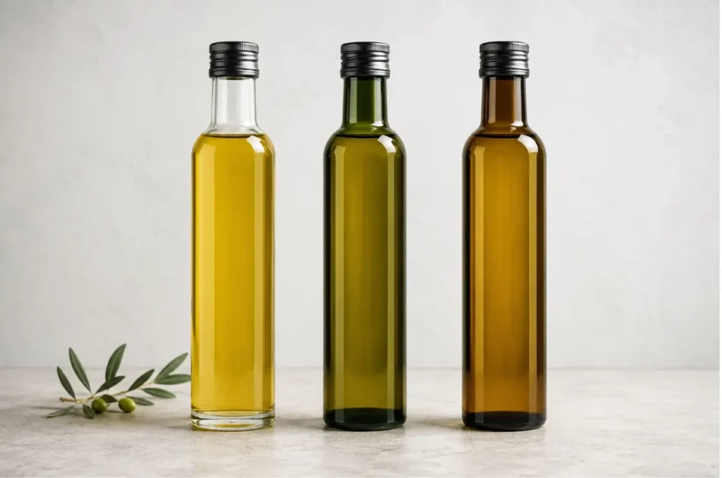 Light passing through clear, green, and amber olive oil bottles