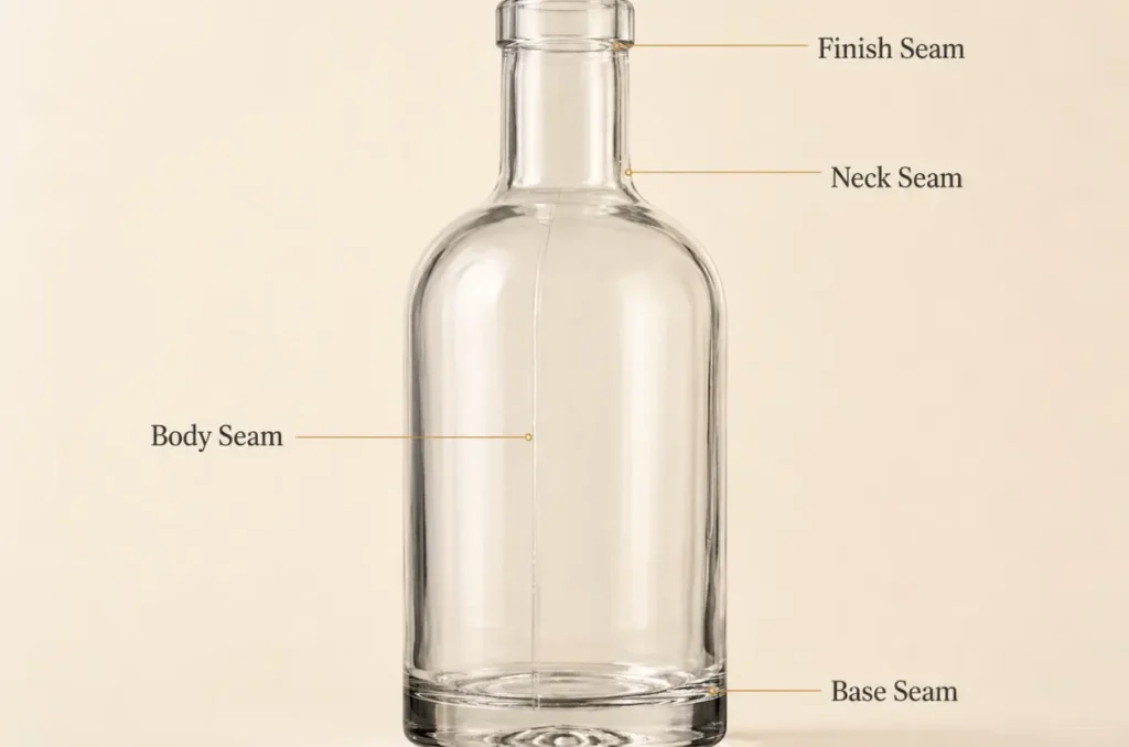 glass bottle seams on the body base neck and finish