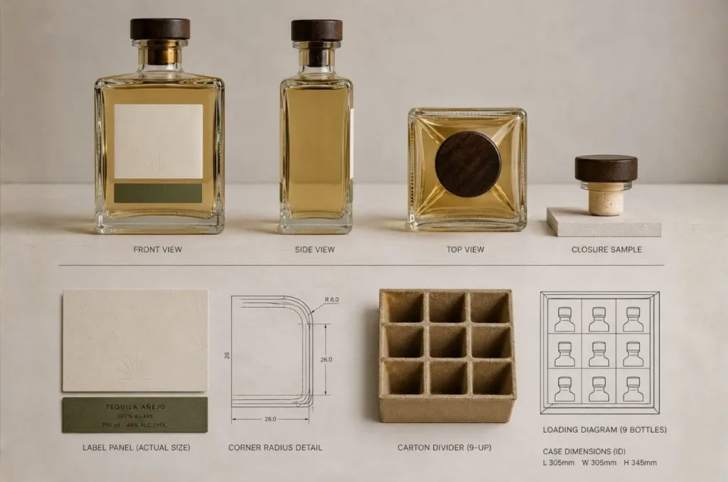 square tequila bottle shape with label panels corner design and carton packing