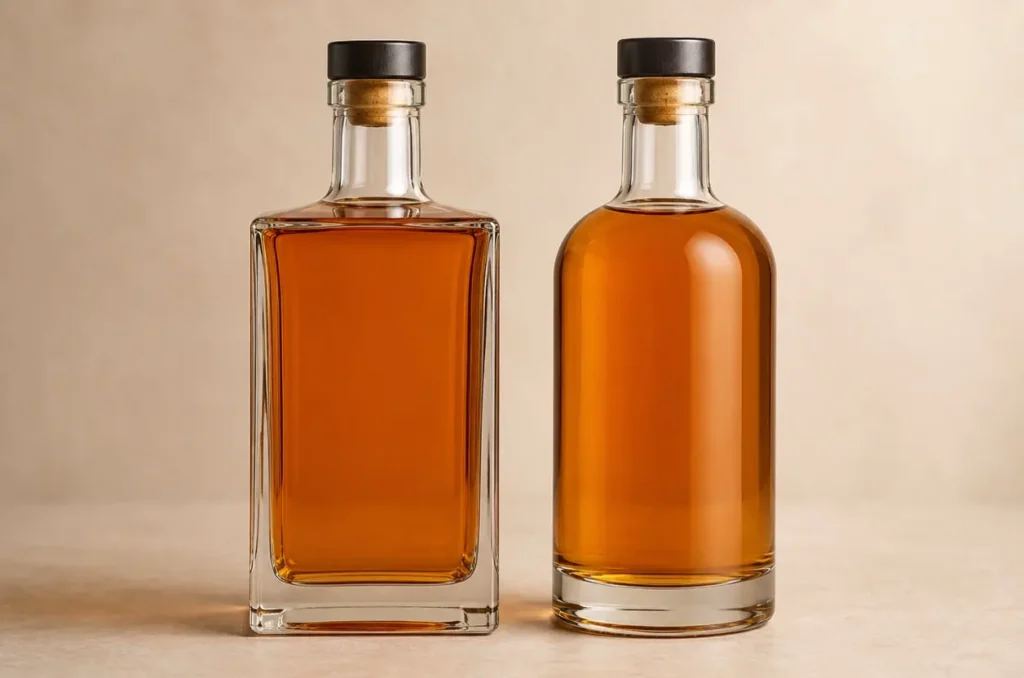 square and round glass bottles filled with the same whiskey