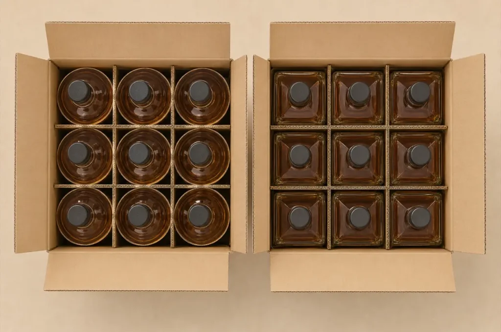 top view of square and round whiskey bottles packed in divided cartons