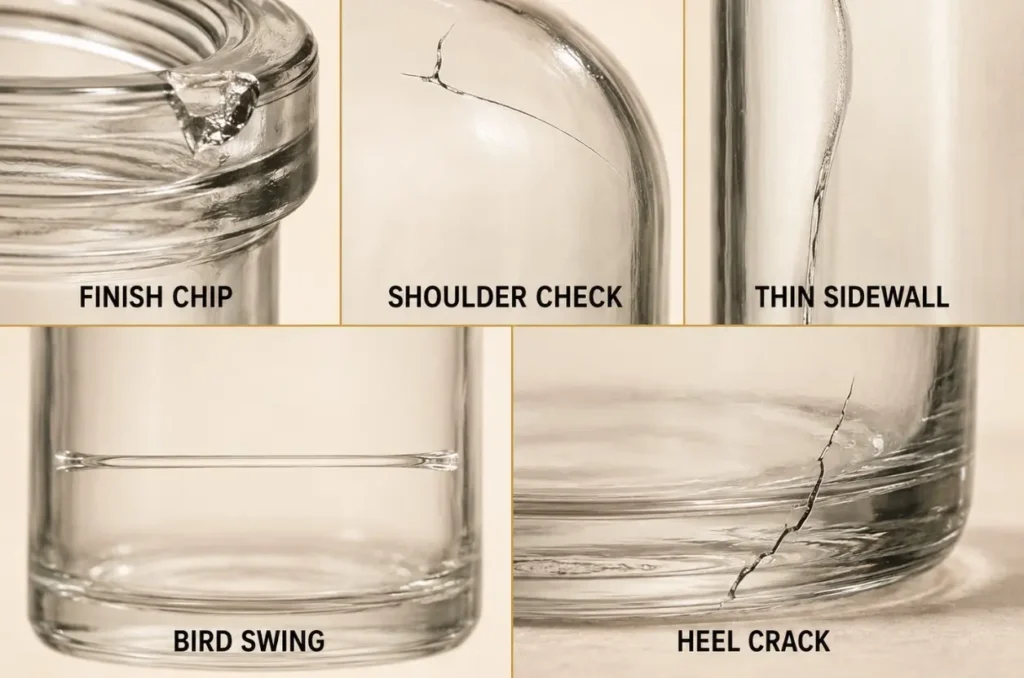 glass bottle cracks chips thin spots and internal bird swing defect