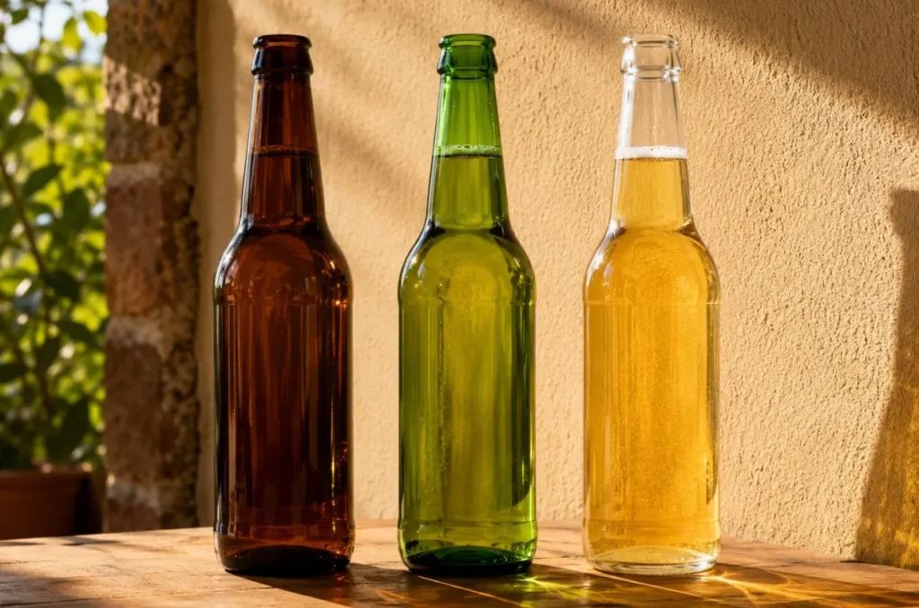 brown beer bottles blocking more light than green and clear bottles