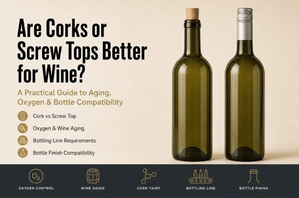 corks or screw tops compared on two green wine bottles