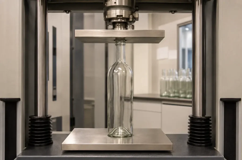 empty glass wine bottle undergoing a vertical top-load strength test