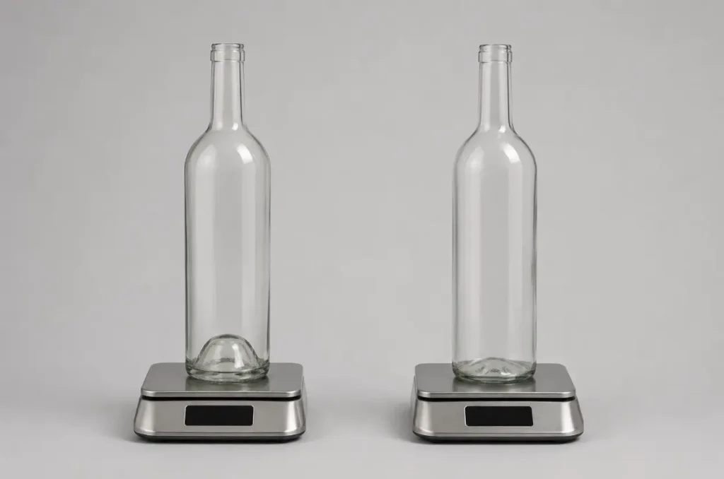 heavy and lightweight glass wine bottles compared on laboratory scales