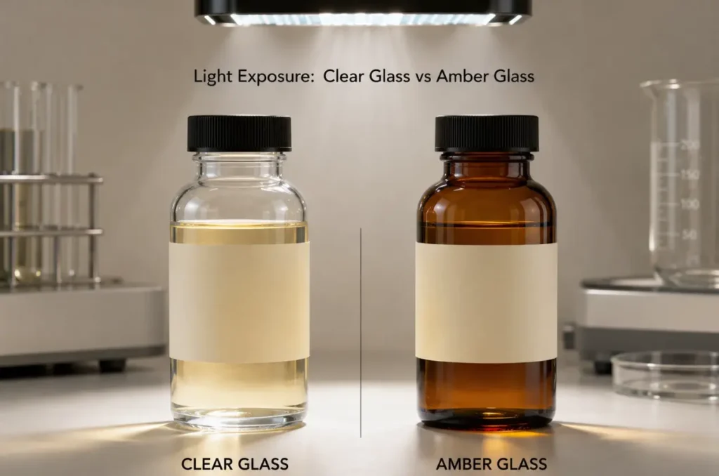 Clear and amber medicine bottles compared under a controlled light source