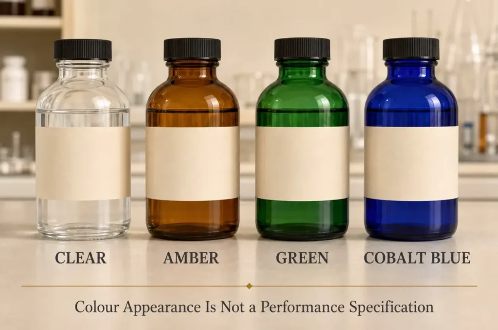 Clear amber green and blue glass medicine bottles on a laboratory shelf
