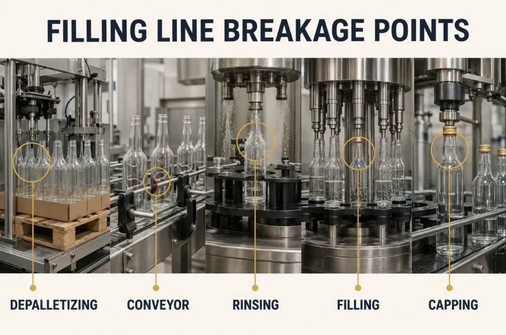 glass bottle breakage points during depalletizing conveying rinsing filling and capping