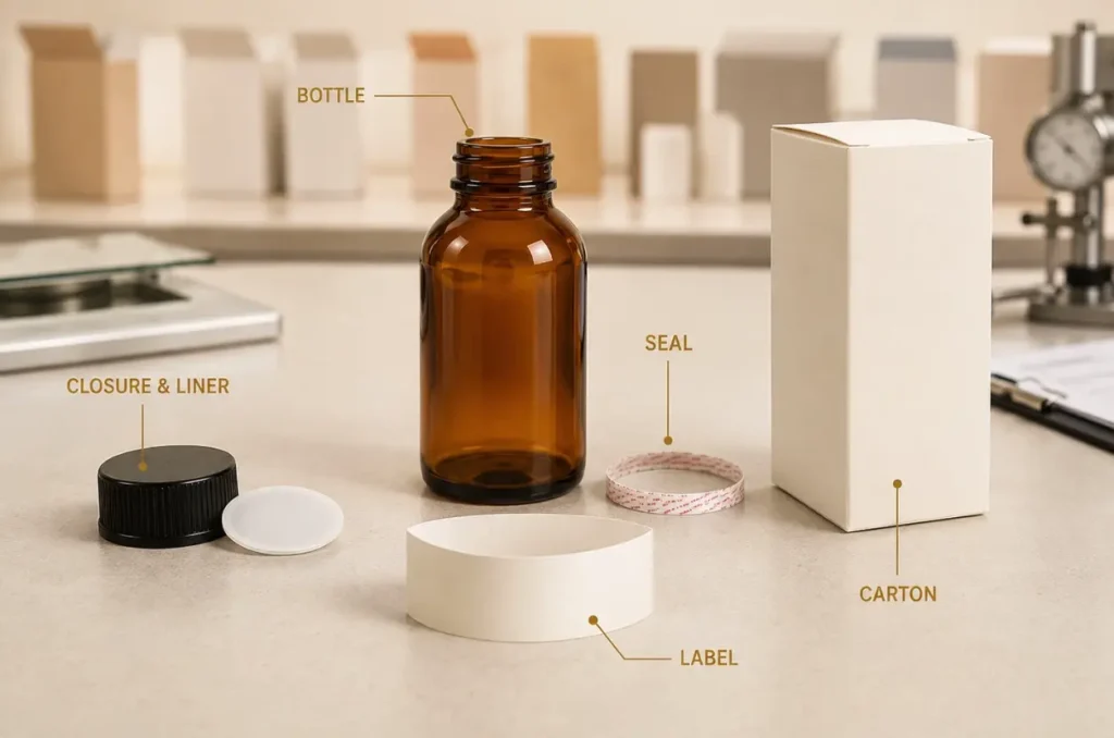 Amber medicine bottle with cap liner seal label and carton components