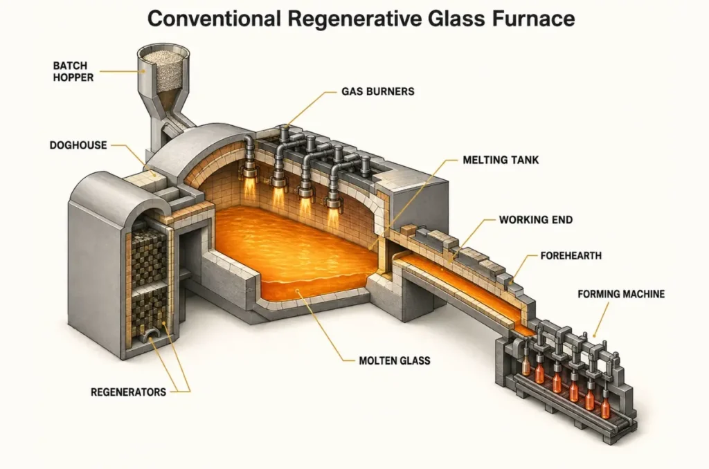 cutaway diagram of a conventional regenerative glass furnace
