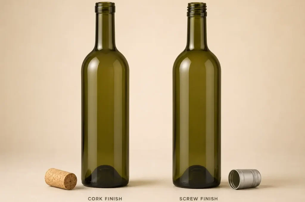 cork finish and screw top wine bottle necks side by side