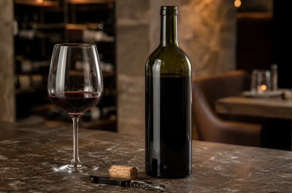 cork-sealed red wine bottle with natural cork, corkscrew and wine glass