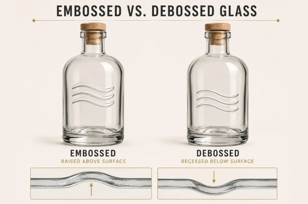 embossed and debossed glass bottle logos showing raised and recessed designs